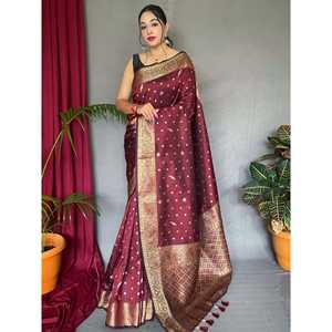 Glamorous <b>Maroon</b> Zari Woven Silk <b>Saree</b> with Blouse Wedding Wear - Product Image 2