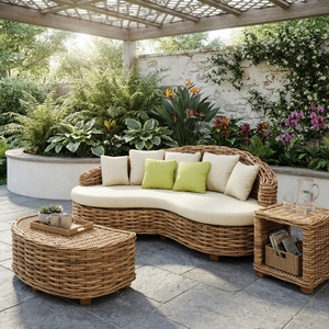 Outdoor Organic Curved Rattan Sofa Daybed Mahogany Wood Frame Cl Rattan Daphnie Cream Sr10 Lime Cushion Couch Setup Art - Product Image 2