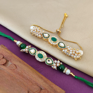 Beautiful Premium Quality Kundan Bhaiya Bhabhi Rakhi Combo Kundan Rakhi For Rakshabandhan Indian Traditional Pearl Rakhi Combo - Product Image 1