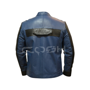 Veste de motard en cuir bleu nuit de style urbain moderne, veste streetwear bicolore avec poches poitrine - Product Image 4