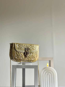 <b>Gold</b> Silver Vintage-Style Handcrafted Metal Clutch Purse with Chain Strap Perfect <b>for</b> Bridal Wear Parties and Celebrations - Product Image 3