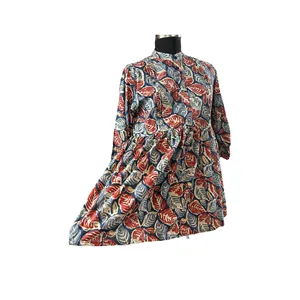Indian Hand <b>Block</b> <b>Printed</b> Short Dress Beautiful Boho Style with Elastic Waist Mandarin Collar Size 5XL Washable for Office Club - Product Image 2