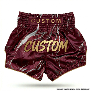Shorts de Muay Thai personnalisés en satin bleu avec texte personnalisé et imprimé marbré doré complexe – Vente en gros de shorts de Muay Thai - Product Image 4