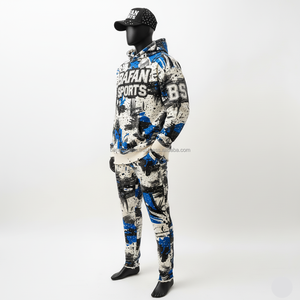Survêtement en polaire de qualité supérieure 320 GSM doux coton Polyester tissu bleu noir blanc imprimé Logo personnalisé broderie hommes survêtement - Product Image 3