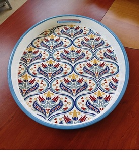 Bandeja Redonda de Madera Premium Hecha a Mano con Asas para Decoración de Mesa de Centro, Bandeja Otomana para Comida y Bebidas, Plato Decorativo Impreso - Product Image 2