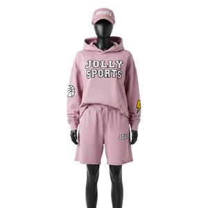 <b>Women</b> Hoodie <b>Short</b> Set Cotton Fleece Pink Relaxed Fit Hoodie <b>Shorts</b> CustomLogo 100% Cotton Hoodie and <b>Sweat</b> <b>Shorts</b> Set for <b>Women</b> - Product Image 1