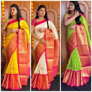 ส่าหรีผ้าไหมแจ็คการ์ดเนื้อหนาพร้อมส่าหรีขอบสีฟ้า - Product Image 5