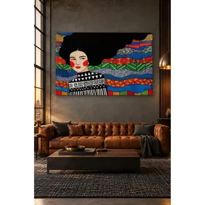 Fida, femme aux cheveux noirs contre des vagues colorées, impression sur toile - Product Image 3