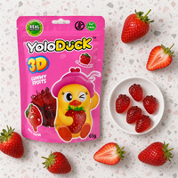Bonbons gélifiés YoloDuck en forme 3D avec centre juteux au vrai jus, sans gras, saveur fraise