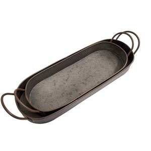 Ensemble de plateaux décoratifs en métal galvanisé rustique avec poignées, plateaux de service ovales de style fermier pour la décoration de la maison et les centres de table - Product Image 1