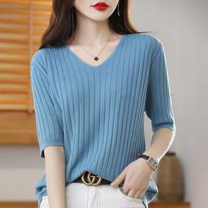 Autumn/<b>Winter</b> New Fashion Casual V-Neck Knitted Short-Sleeved Slim Half-Sleeved Women's <b>T</b>-<b>Shirt</b> Simple Fashionable Clothes - Product Image 3
