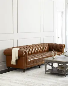 Sofá Chesterfield de couro americano com botão de tração macio para sala de estar, poltrona de braço reto