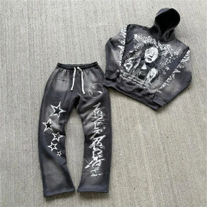 Personalizado hombres sólido ácido lavado transpirable chándal Vintage lavado sol desteñido DTG Impresión logotipo ligero Sudadera con capucha pantalones de chándal barato - Product Image 4