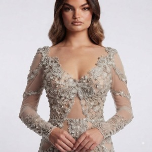 Robe de soirée sirène à manches longues ornée de perles, robe de soirée formelle de luxe - Product Image 3
