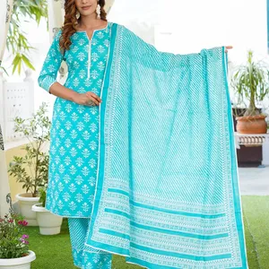 印度手工棉织物天蓝色手块印花库尔提带裤子和杜帕塔套装