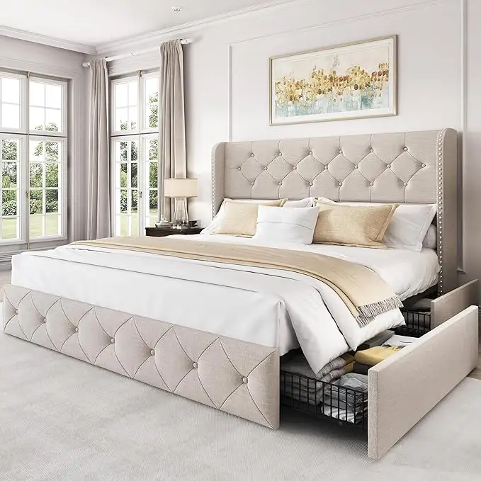 침실 가구 도매 맞춤형 침대 프레임 4 개의 수납 서랍이있는 현대적인 디자인 스타일