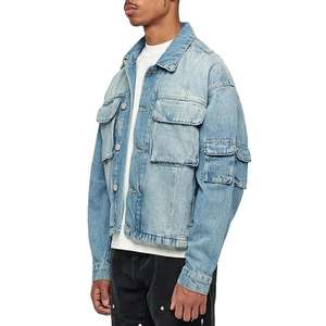 Veste streetwear à capuche en toile pour homme, personnalisable, décontractée, classique, bleu délavé, cargo, coupe ample, respirante, séchage rapide - Product Image 2