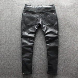 <b>Men's</b> Slim Motorcycle <b>Real</b> Cowhide Leather Pants Windproof <b>Black</b> Zipper Street Punk Style Mid Waist Plus Size 4XL 100% Canvas - Product Image 1