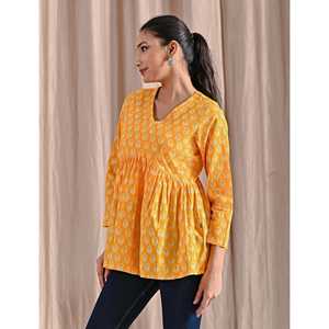 Yellow Jaipuri Chic Top Asymmetrical Collar Stand Collar Embroidered Decoration Women's Poplin <b>Silk</b> Peplum XL for Office Wear - Product Image 4