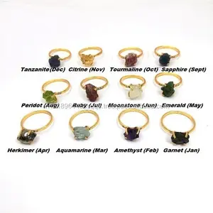 92.5 Sterling Silver With Gold Polish Natural Birthstone Rough Gemstone Ring According To Buyer Choice Women Jewelry