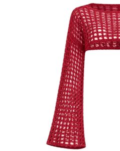 Womens Red Crochet Knit Cropped Sweater With Open Weave Design <b>Long</b> Flare Sleeves Fashionable Casual Streetwear Top - Product Image 3