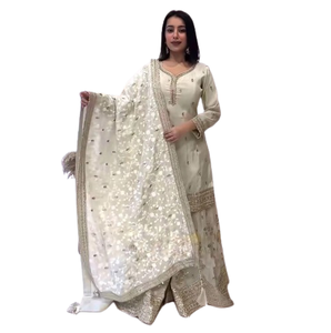 Robe ethnique en tissu fausse Georgette lourd moderne de créateur, tenue de mariage indienne et pakistanaise, costume Sharara, Palazzo Dupatta pour adultes - Product Image 1