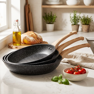 High Quality Granite Non-stick Frying <b>Pan</b> Aluminum Skillet with Wood Grain <b>Handle</b> Maifan Stone Fry <b>Pan</b> for Induction - Product Image 2