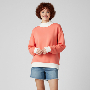 100% Cotton Mock Neck Winter Streetwear Front <b>Drop</b> Shoulder Embroidered Cotton Fleece Sweatshirt for Women - Product Image 2