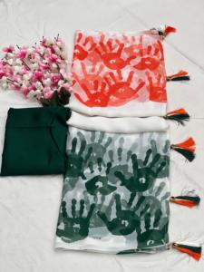 Vintage Fox Georgette azul estampado seda Sari logotipo personalizado moda corporativa para bodas fiestas Día de la independencia especial armario - Product Image 6