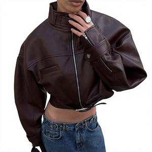 Chaqueta Bomber de Cuero Corta para Mujer 2026, Manga Larga, Cuello Alto, Cremallera, Estilo Moto, Ajuste Holgado, Moda Otoño - Product Image 3