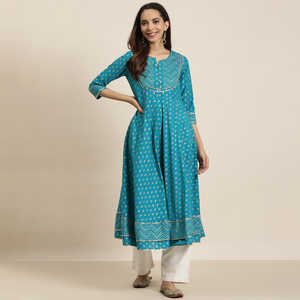 ชุด anarkali kurta พิมพ์ลายดอกไม้ผ้าฝ้ายสีเขียวเป็ดผู้หญิง - Product Image 6
