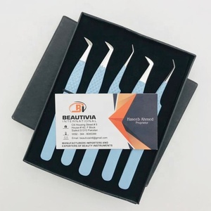 Pince à épiler d'extension de cils en acier inoxydable enduit bleu bébé professionnel de haute qualité outil de beauté arrondi durabilité pointu - Product Image 1