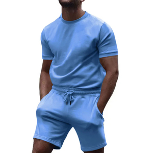 Ensemble de jogging décontracté pour homme avec logo personnalisé, manches courtes, couleur unie, 2 pièces, polyester/coton, short tricoté, survêtement - Product Image 5