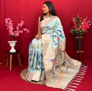 Saree en soie Pure Soft Pista Green Kanchivaram Pethani avec tissage Zari pur pour une tenue de fête par Fabzone - Product Image 5