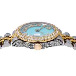 Reloj de Lujo Hip Hop de Primera Calidad, Marcadores de Hora con Diamantes de Moissanita Azules, Diseño Pavé en Oro Amarillo, Elegante Pantalla Analógica, Correa de Cuero - Product Image 1