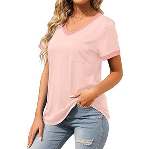Camiseta informal con cuello en V para mujer, camisetas de algodón suave de corte holgado de manga corta de verano, bolsillo para uso diario, talla XXS, tela de punto sólida - Product Image 3