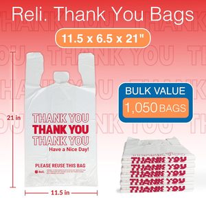 Reli. Sacs en plastique « Merci » (1050 unités) – Sacs d'épicerie blancs avec poignées |   Shopping (Plastique) - Product Image 2