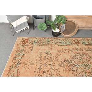 Alfombra de lana de retazos verde beige clásica, diseño Aubusson turco de 5,2x8,7 pies para sala de estar, pasillo de noche con respaldo de látex - Product Image 2