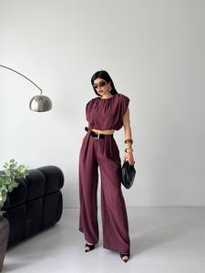 Conjunto de Dos Piezas para Mujer, Top sin Mangas con Volantes y Pantalones de Cintura Alta, Color Sólido, Chifón, Corte Holgado, Atuendo Elegante para Primavera/Verano - Product Image 4