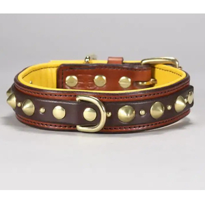 Collar de perro de cuero acolchado estilo tachuelas y remaches personalizados de 1,25 pulgadas Collar personalizado con herrajes de latón - Product Image 1