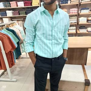 เสื้อเชิ้ตลำลองลายทางเข้ารูปผ้าฝ้าย100% สำหรับผู้ชายระบายอากาศได้ดีเป็นมิตรกับสิ่งแวดล้อมพร้อมกระดุมปิดสำหรับฤดูร้อน - Product Image 1