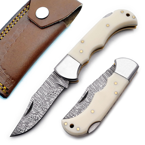 Couteau de poche fait main en acier damas avec manche en bois serrure arrière en résine blanche pliant chasse Camping couteau utilitaire gaine en cuir - Product Image 1