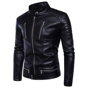 Veste en cuir véritable pour homme personnalisable, noire, coupe-vent, style printemps, avec fermeture éclair avant, traitement enduit. - Product Image 2