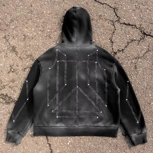 เสื้อฮู้ดผู้ชายดีไซน์เนอร์เสื้อแนวสตรีทโอเวอร์ไซส์ผ้าฝ้าย420gsm มีฮู้ดไซส์ใหญ่พิเศษมีซิปรูดขึ้นประดับพลอยเทียมสำหรับผู้ชาย - Product Image 5