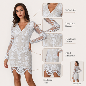 Abito Mini in <span class=keywords><strong>Pizzo</strong></span> Floreale <span class=keywords><strong>Bianco</strong></span> da Donna, Manica Lunga, Scollo a V, <span class=keywords><strong>Vestito</strong></span> Aderente Elegante e Casual, Fornitore OEM - Product Image 2