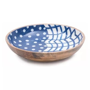 Bol de service alimentaire en bois de manguier de qualité supérieure, écologique, fait main, compatible lave-vaisselle, moderne, avec feuille émaillée verte - Product Image 5