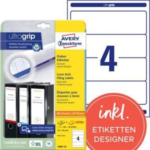 Etiqueta autoadhesiva Avery Zweckform Ultragrip para lomo de carpeta ancha/corta con orificio para el dedo, 59 x 192 mm (Ancho x Alto), 120 unidades, accesorio para carpetas de archivo. - Product Image 1