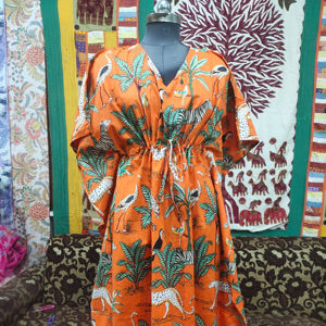 Robe tunique en coton décontracté pour femmes Jungle Safari imprimé élégant indien Orange vif caftan vêtements d'été robe longue confortable - Product Image 1