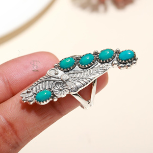 Luxe personnalisé 925 solide Sterling réglage des broches anneaux empilables fabriqués à la main forme ovale Turquoise naturelle fête de mariage - Product Image 2