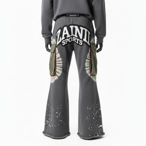 Premium Flared Pant Heavy Cotton Blend Charcoal Grey With Olive Panels Tie Dye <b>Paint</b> Effect Custom Logo Fleece Flared Pant - Product Image 2